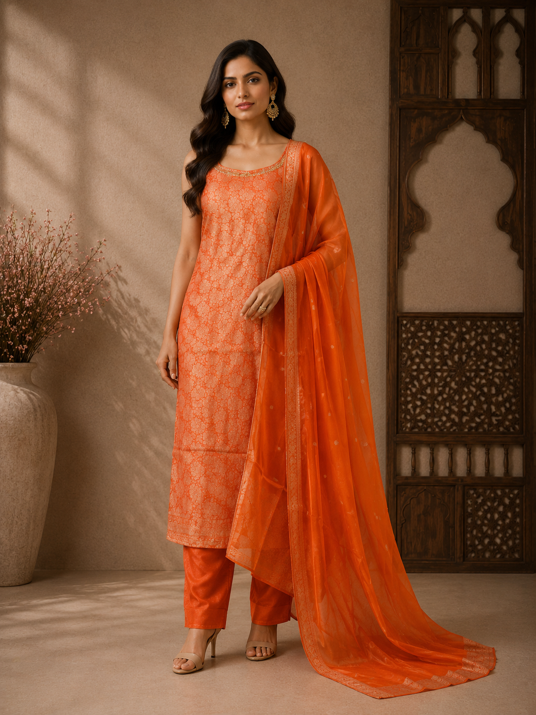 Elegant Orange Brocade Silk Straight Suit Set with Woven Dupatta